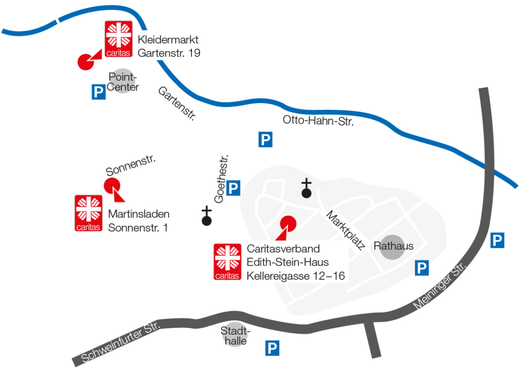 Karte Bad Neustadt Ziele Martinsladen, Caritasverband, Kleidermarkt